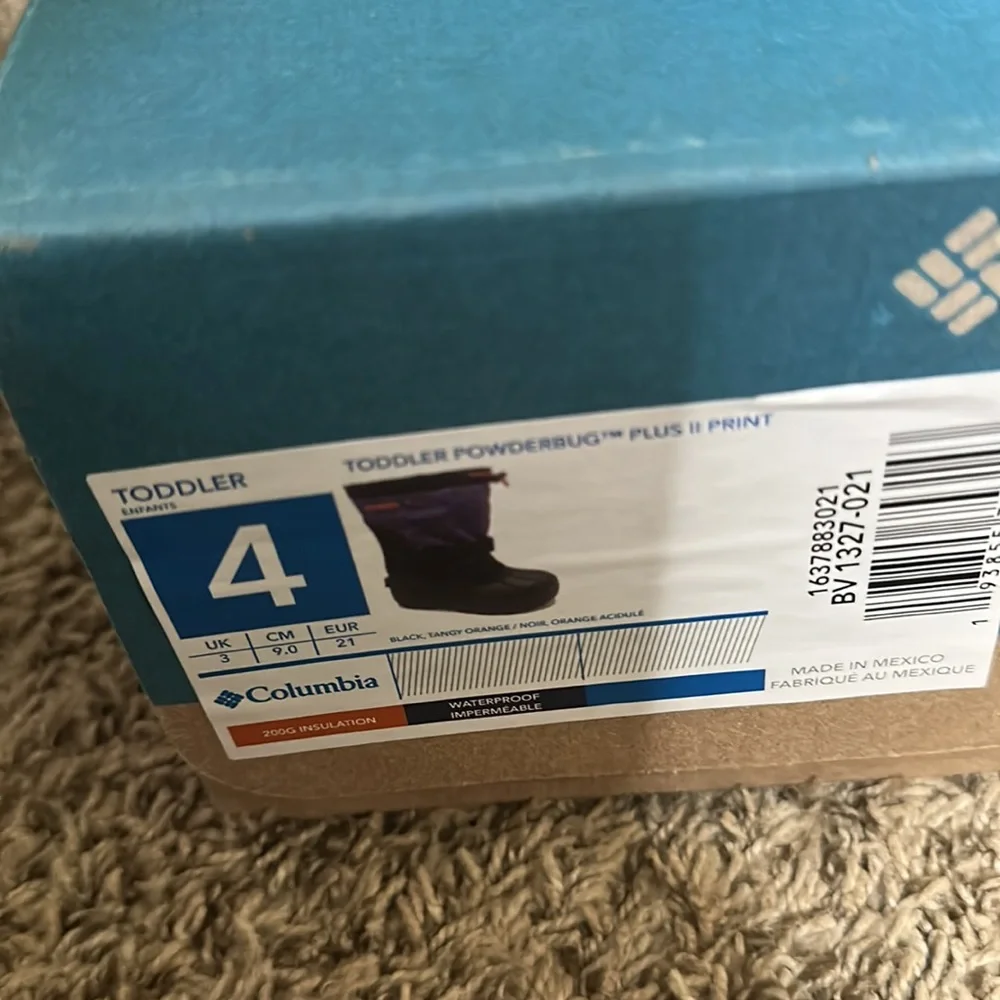 COLUMBIA Toddler Powderbug Plus II Print Snow Boot: BLACK/BLUE: NIB: SZ 4